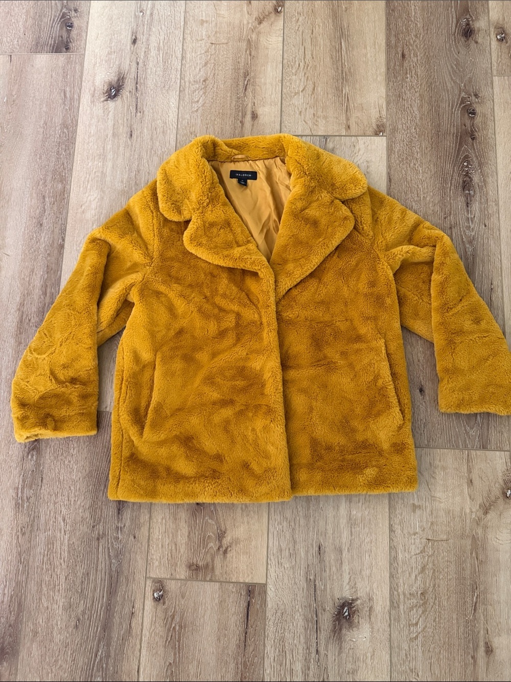 Halogen | Mustard Teddy Faux-Fur Coat | size M